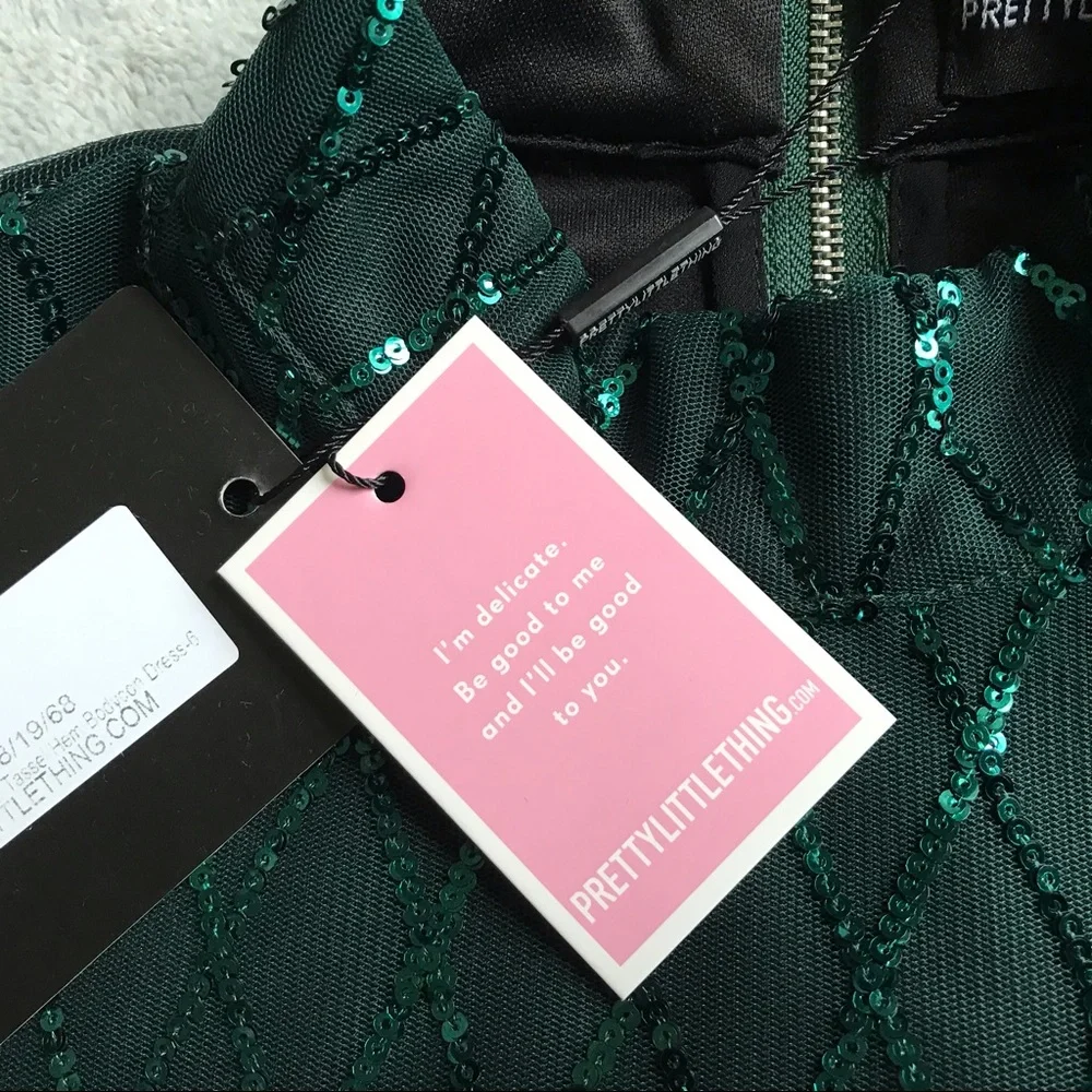 NWT PrettyLittleThing Emerald Green Sequin Fringe Tassel Bodycon Party Dress 2 - Picture 10 of 13